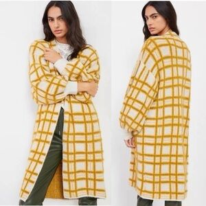 Anthropologie Cream & Mustard Plaid Long Knit Cardigan